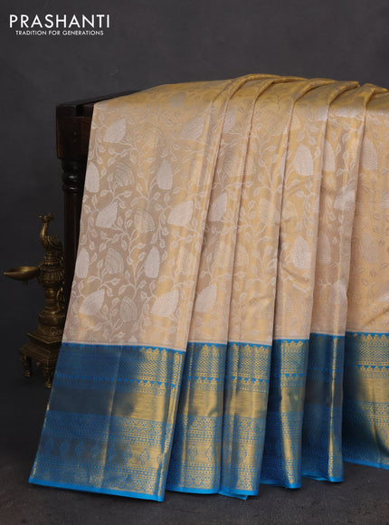 Pure kanchipuram tissue silk saree gold and cs blue with allover silver zari woven brocade weaves and zari woven border