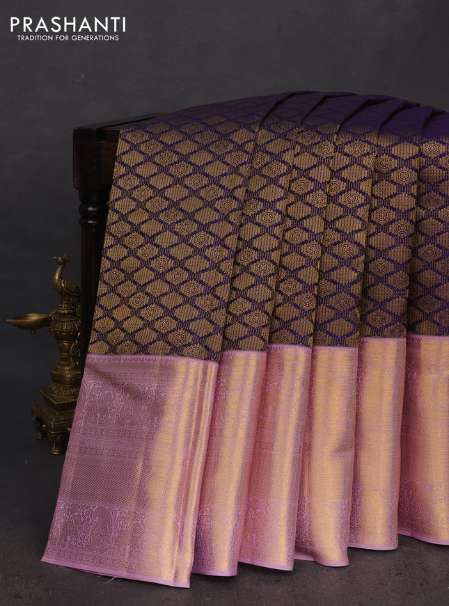 Pure kanchipuram silk saree blue and pastel lavender with allover zari woven brocade weaves and long zari woven border