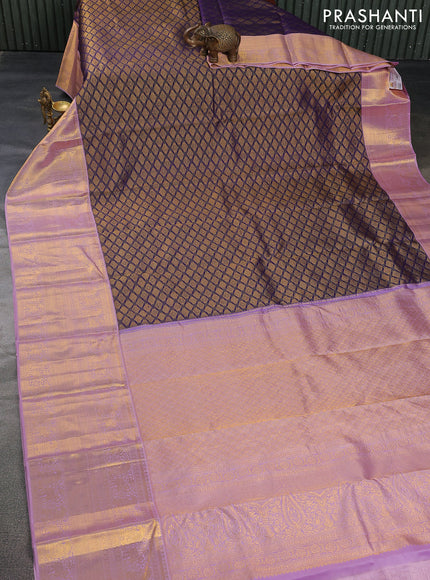 Pure kanchipuram silk saree blue and pastel lavender with allover zari woven brocade weaves and long zari woven border