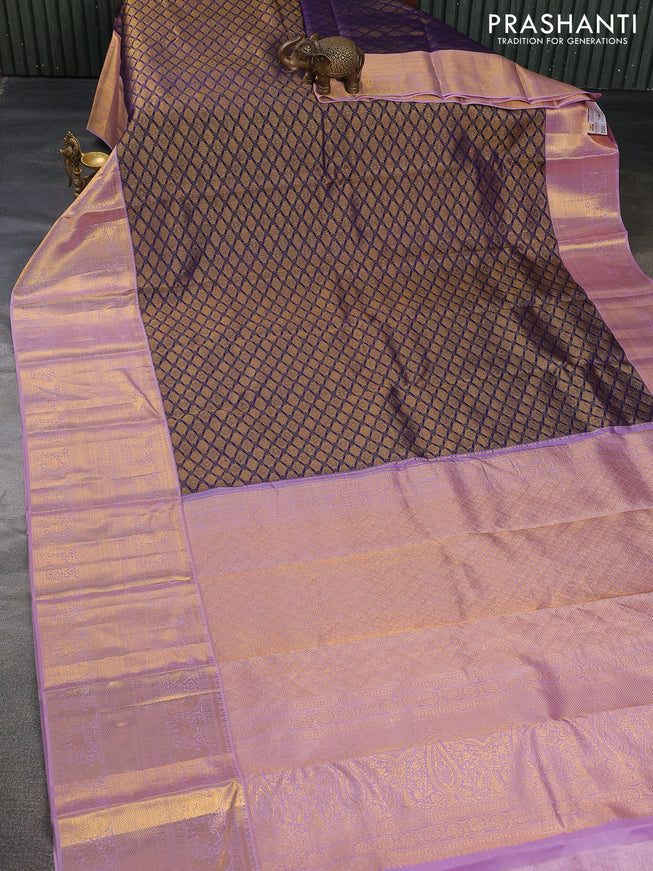Pure kanchipuram silk saree blue and pastel lavender with allover zari woven brocade weaves and long zari woven border