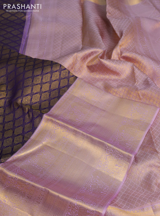 Pure kanchipuram silk saree blue and pastel lavender with allover zari woven brocade weaves and long zari woven border