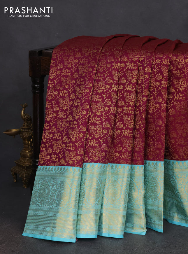 Pure kanchipuram silk saree deep purple and teal blue with allover zari woven brocade weaves and zari woven border