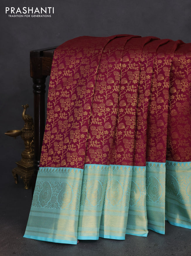 Pure kanchipuram silk saree deep purple and teal blue with allover zari woven brocade weaves and zari woven border