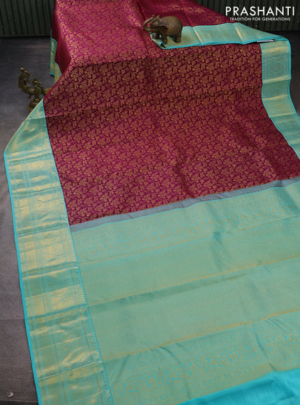 Pure kanchipuram silk saree deep purple and teal blue with allover zari woven brocade weaves and zari woven border