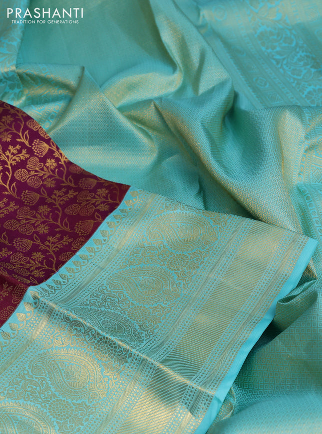 Pure kanchipuram silk saree deep purple and teal blue with allover zari woven brocade weaves and zari woven border