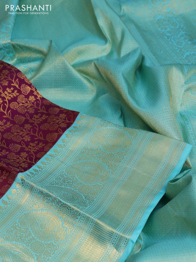 Pure kanchipuram silk saree deep purple and teal blue with allover zari woven brocade weaves and zari woven border