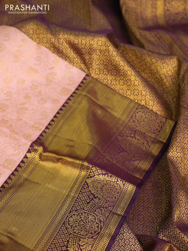 Pure kanchipuram silk saree peach shade and wine shade with allover zari woven brocade weaves and zari woven border