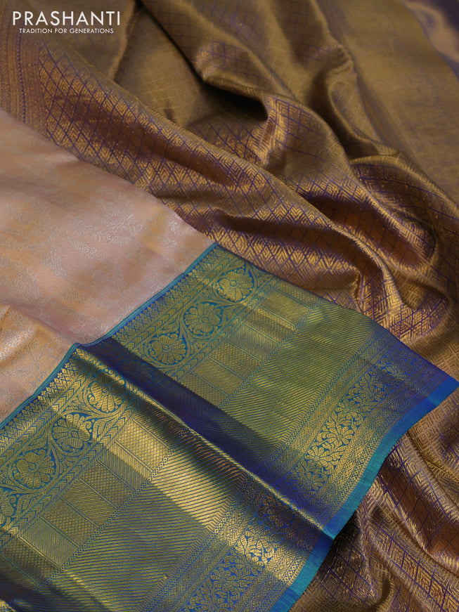 Pure kanchipuram tissue silk saree mild peach and dual shade of bluish green with allover silver zari woven brocade weaves and long zari woven border