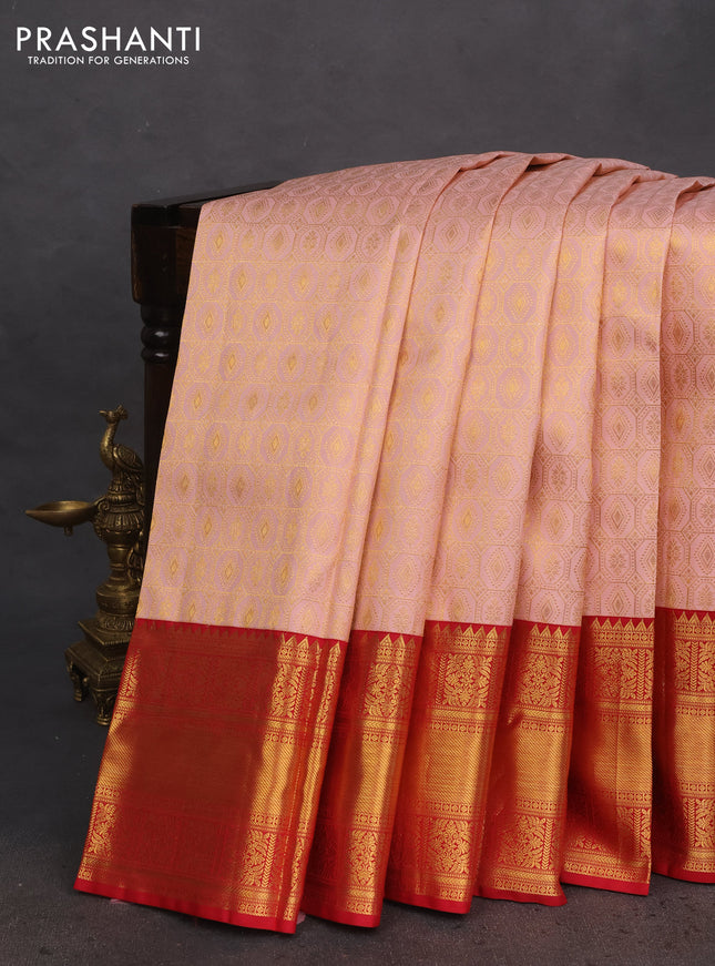 Pure kanchipuram silk saree peach shade and red with allover zari woven brocade weaves and zari woven border