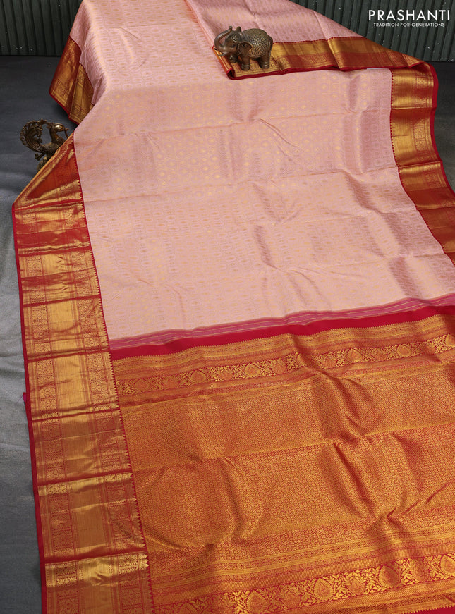 Pure kanchipuram silk saree peach shade and red with allover zari woven brocade weaves and zari woven border