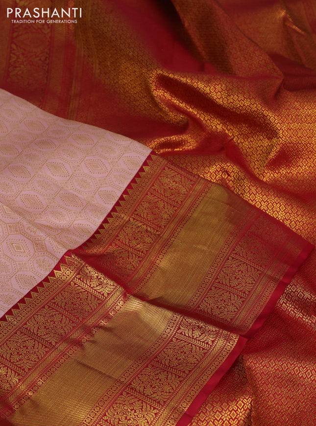Pure kanchipuram silk saree peach shade and red with allover zari woven brocade weaves and zari woven border