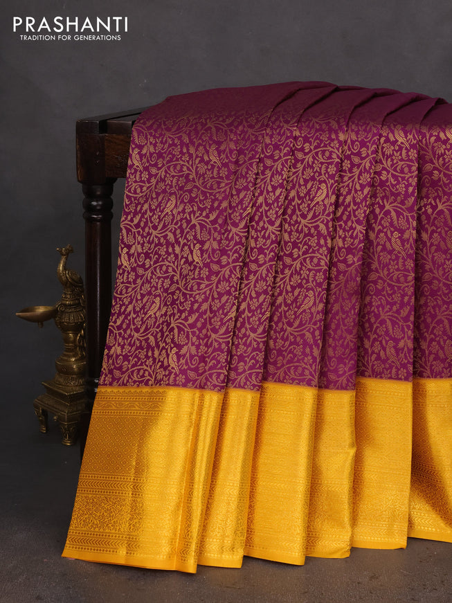 Pure kanchipuram silk saree deep purple and mustard yellow with allover zari woven brocade weaves and zari woven border