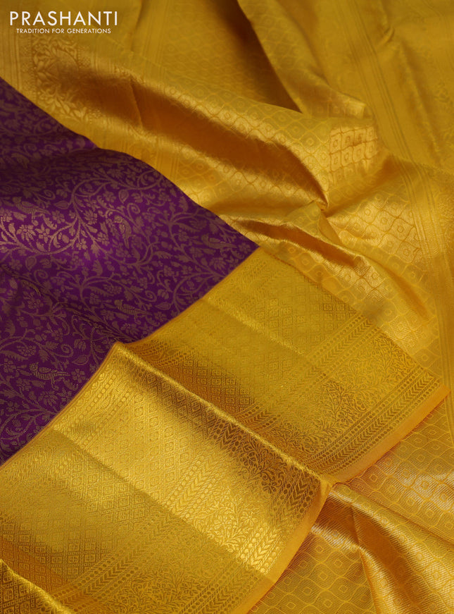 Pure kanchipuram silk saree deep purple and mustard yellow with allover zari woven brocade weaves and zari woven border
