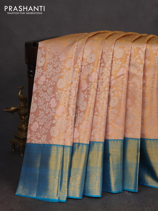 Pure kanchipuram tissue silk saree dual shade of gold and cs blue with allover silver zari woven brocade weaves and zari woven border
