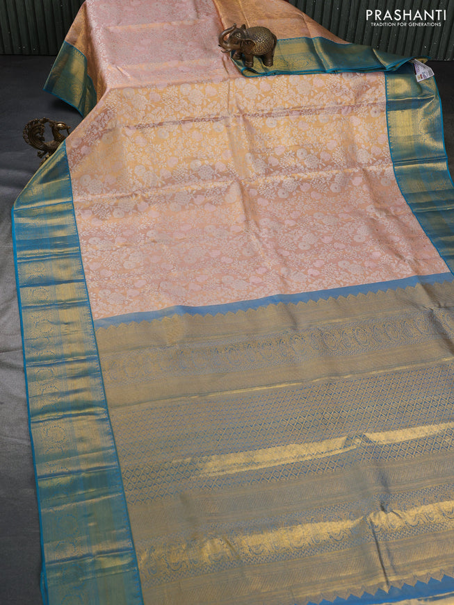 Pure kanchipuram tissue silk saree dual shade of gold and cs blue with allover silver zari woven brocade weaves and zari woven border