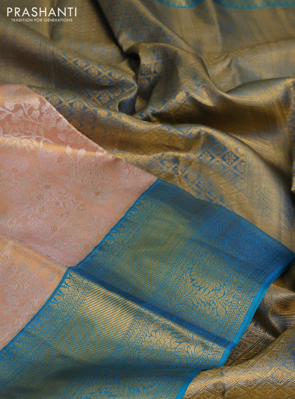 Pure kanchipuram tissue silk saree dual shade of gold and cs blue with allover silver zari woven brocade weaves and zari woven border