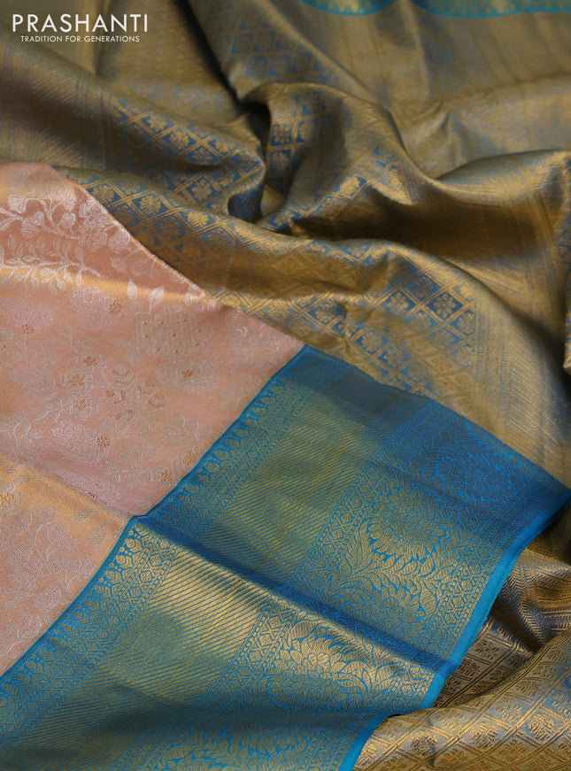 Pure kanchipuram tissue silk saree dual shade of gold and cs blue with allover silver zari woven brocade weaves and zari woven border
