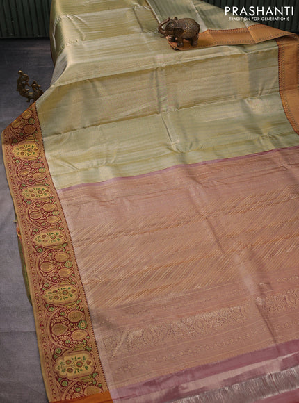 Pure kanchipuram tissue silk saree green shade and maroon with allover zari woven brocade weaves and rich zari woven border