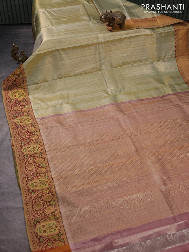 Pure kanchipuram tissue silk saree green shade and maroon with allover zari woven brocade weaves and rich zari woven border
