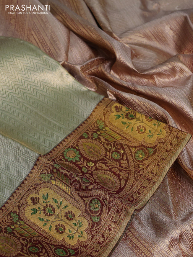 Pure kanchipuram tissue silk saree green shade and maroon with allover zari woven brocade weaves and rich zari woven border