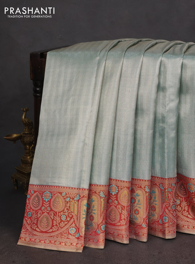 Pure kanchipuram tissue silk saree teal blue and maroon with allover silver zari woven brocade weaves and rich zari woven border