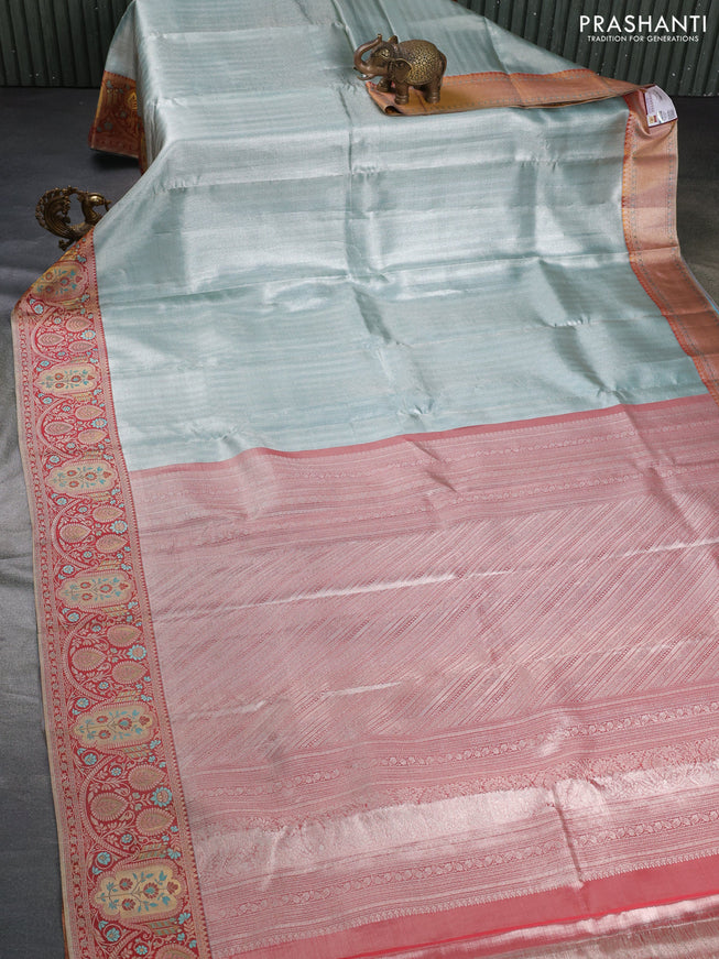 Pure kanchipuram tissue silk saree teal blue and maroon with allover silver zari woven brocade weaves and rich zari woven border