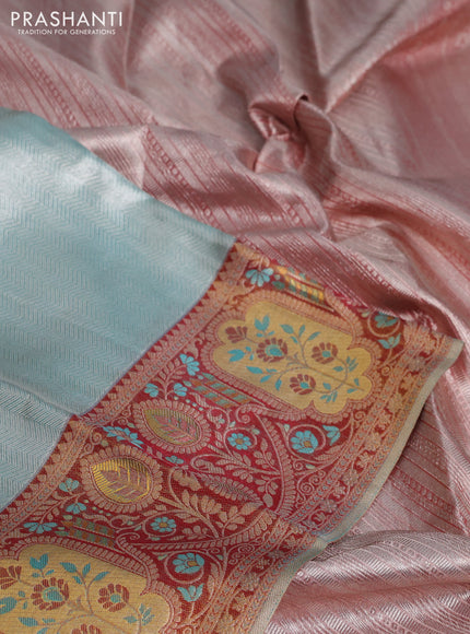 Pure kanchipuram tissue silk saree teal blue and maroon with allover silver zari woven brocade weaves and rich zari woven border