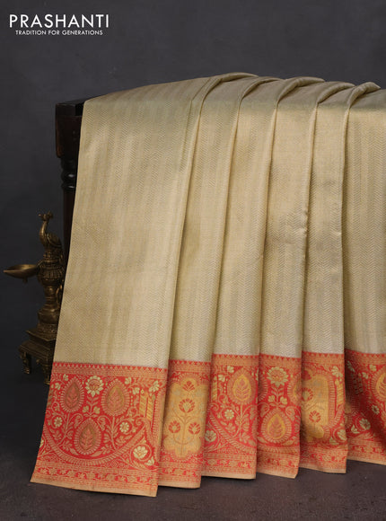Pure kanchipuram tissue silk saree mild pista green and red with allover zari woven brocade weaves and rich zari woven border