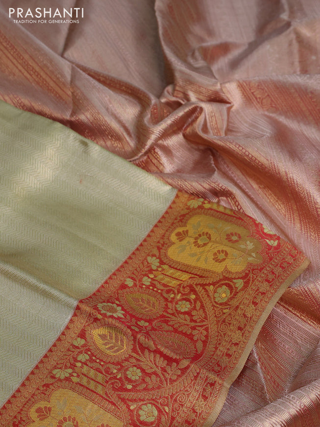Pure kanchipuram tissue silk saree mild pista green and red with allover zari woven brocade weaves and rich zari woven border