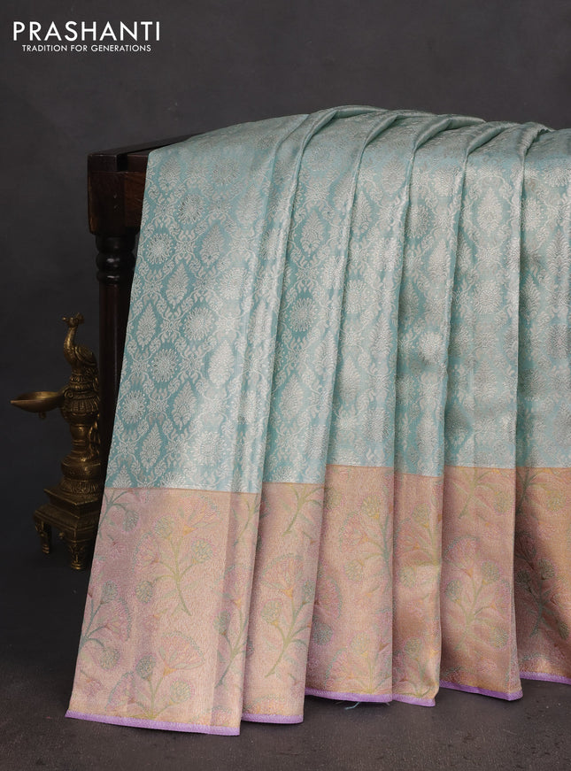 Pure kanchipuram tissue silk saree pastel blue and violet with allover silver zari woven brocade weaves and rich zari woven border