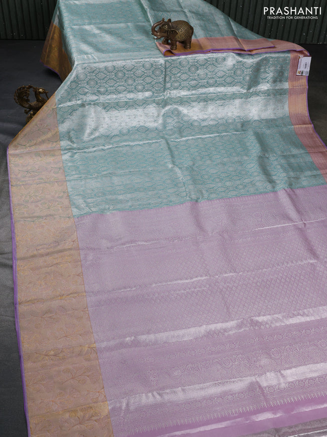 Pure kanchipuram tissue silk saree pastel blue and violet with allover silver zari woven brocade weaves and rich zari woven border