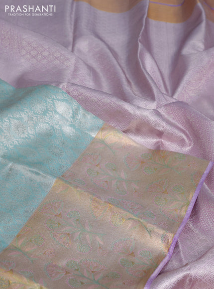 Pure kanchipuram tissue silk saree pastel blue and violet with allover silver zari woven brocade weaves and rich zari woven border