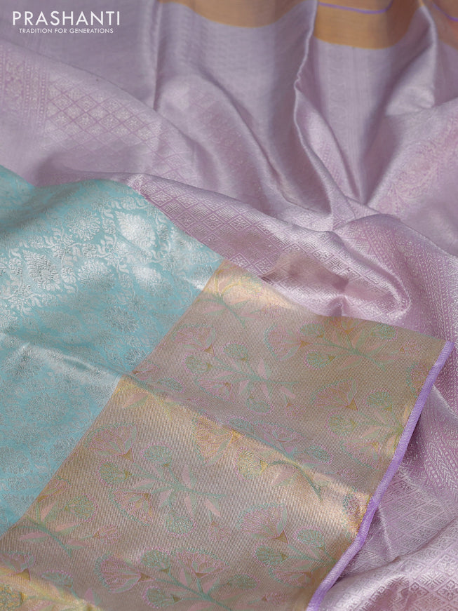 Pure kanchipuram tissue silk saree pastel blue and violet with allover silver zari woven brocade weaves and rich zari woven border