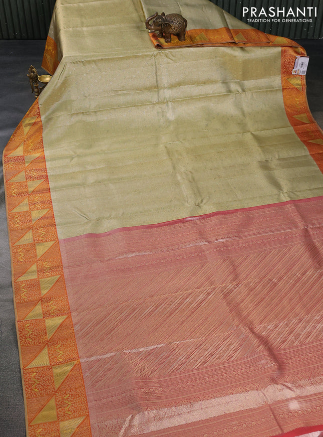 Pure kanchipuram tissue silk saree pista green and red with allover zari woven brocade weaves and rich zari woven border