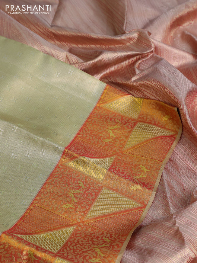 Pure kanchipuram tissue silk saree pista green and red with allover zari woven brocade weaves and rich zari woven border