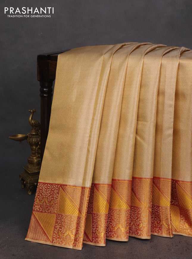 Pure kanchipuram tissue silk saree gold and maroon with allover zari woven brocade weaves and rich zari woven border