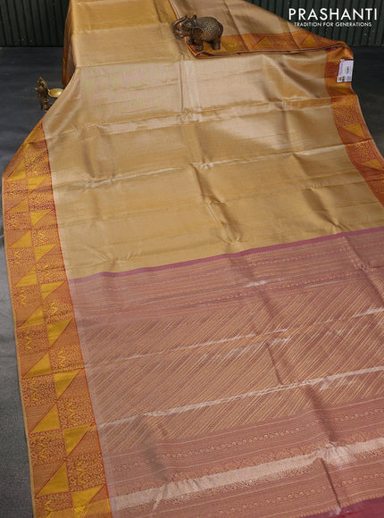 Pure kanchipuram tissue silk saree gold and maroon with allover zari woven brocade weaves and rich zari woven border