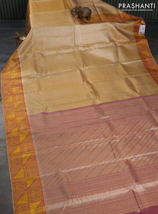 Pure kanchipuram tissue silk saree gold and maroon with allover zari woven brocade weaves and rich zari woven border