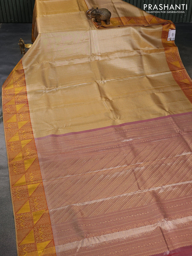 Pure kanchipuram tissue silk saree gold and maroon with allover zari woven brocade weaves and rich zari woven border