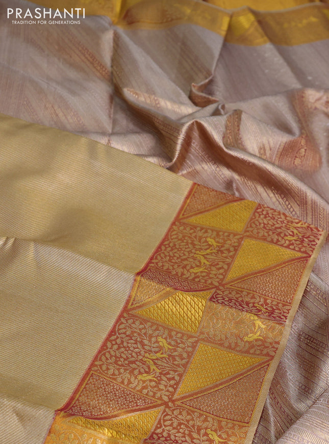 Pure kanchipuram tissue silk saree gold and maroon with allover zari woven brocade weaves and rich zari woven border