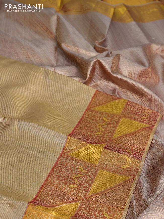 Pure kanchipuram tissue silk saree gold and maroon with allover zari woven brocade weaves and rich zari woven border