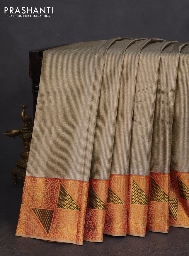 Pure kanchipuram tissue silk saree dual shade of grey and dark mustard with allover zari woven brocade weaves and rich zari woven border