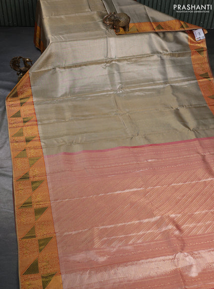 Pure kanchipuram tissue silk saree dual shade of grey and dark mustard with allover zari woven brocade weaves and rich zari woven border