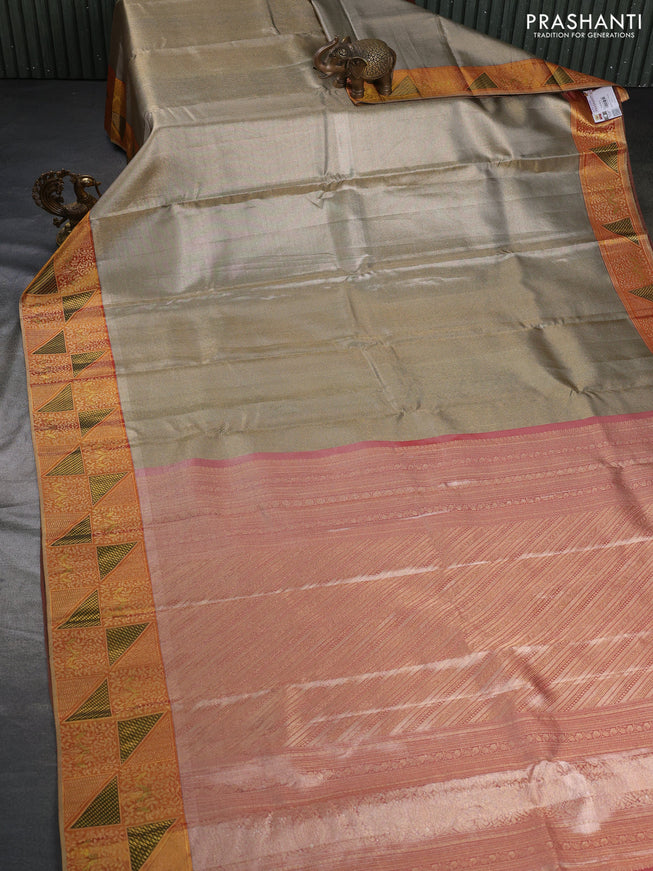 Pure kanchipuram tissue silk saree dual shade of grey and dark mustard with allover zari woven brocade weaves and rich zari woven border