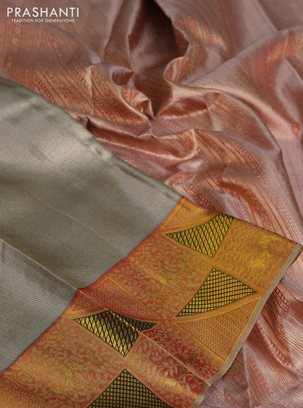 Pure kanchipuram tissue silk saree dual shade of grey and dark mustard with allover zari woven brocade weaves and rich zari woven border