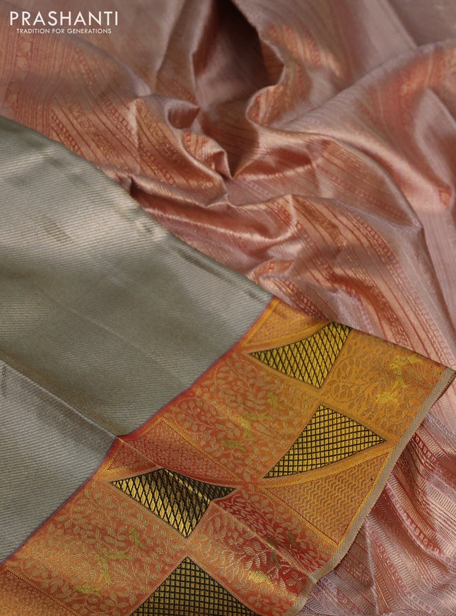 Pure kanchipuram tissue silk saree dual shade of grey and dark mustard with allover zari woven brocade weaves and rich zari woven border