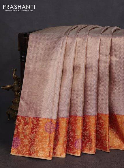 Pure kanchipuram tissue silk saree pastel lavender and dark mustard with allover silver zari woven brocade weaves and rich zari woven border