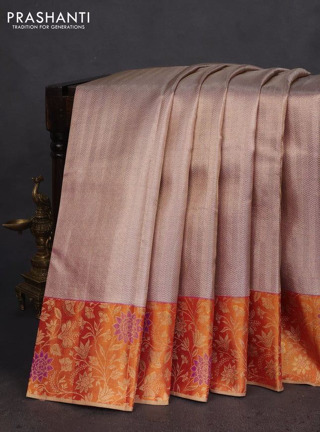 Pure kanchipuram tissue silk saree pastel lavender and dark mustard with allover silver zari woven brocade weaves and rich zari woven border