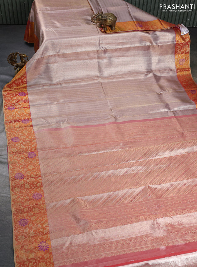 Pure kanchipuram tissue silk saree pastel lavender and dark mustard with allover silver zari woven brocade weaves and rich zari woven border
