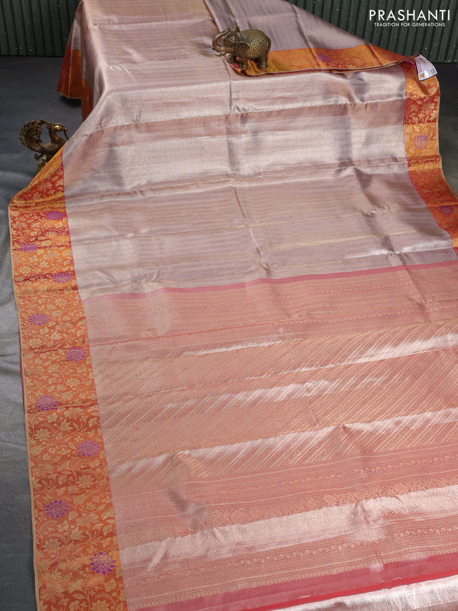 Pure kanchipuram tissue silk saree pastel lavender and dark mustard with allover silver zari woven brocade weaves and rich zari woven border